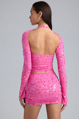 Liana-Embellished Cut-Out Halterneck Top in Bubblegum Pink