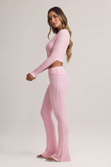 Bebe-Modal Foldover Mid-Rise Flared Trousers in Pastel Pink