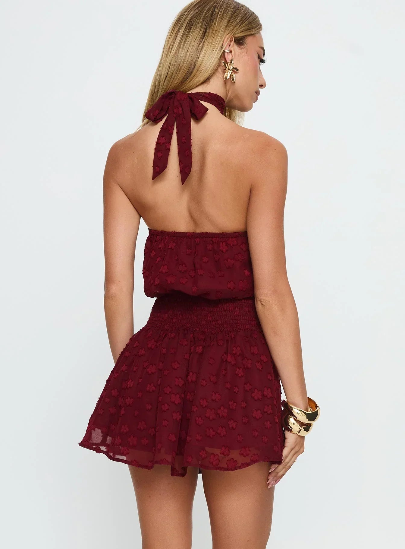 Eurythmic Scarf Halter Mini Dress Burgundy Jacquard