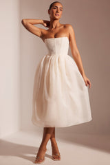 Rosette-Embellished Corset Tulle Skirt Midi Dress in Ivory