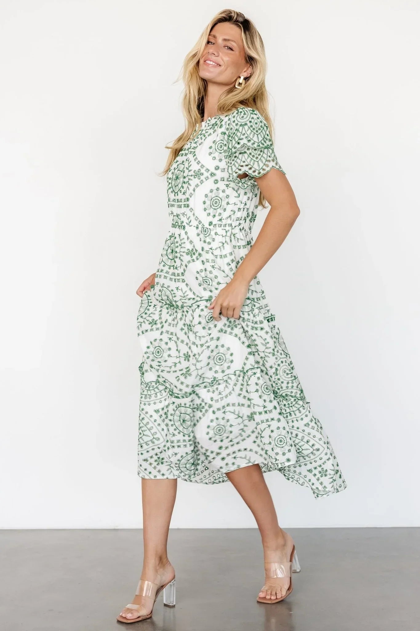 Mirabel Eyelet Midi Dress | White + Green