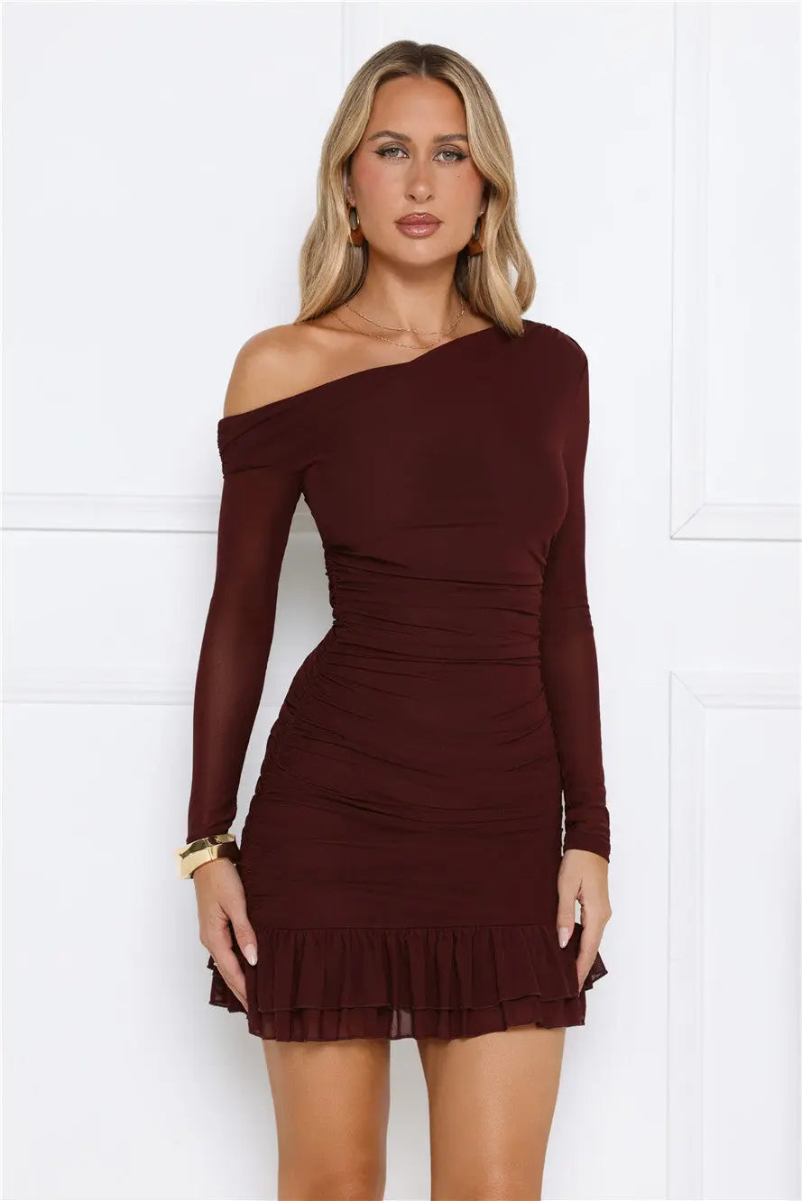 Serve The Look Mesh Long Sleeve Mini Dress Chocolate