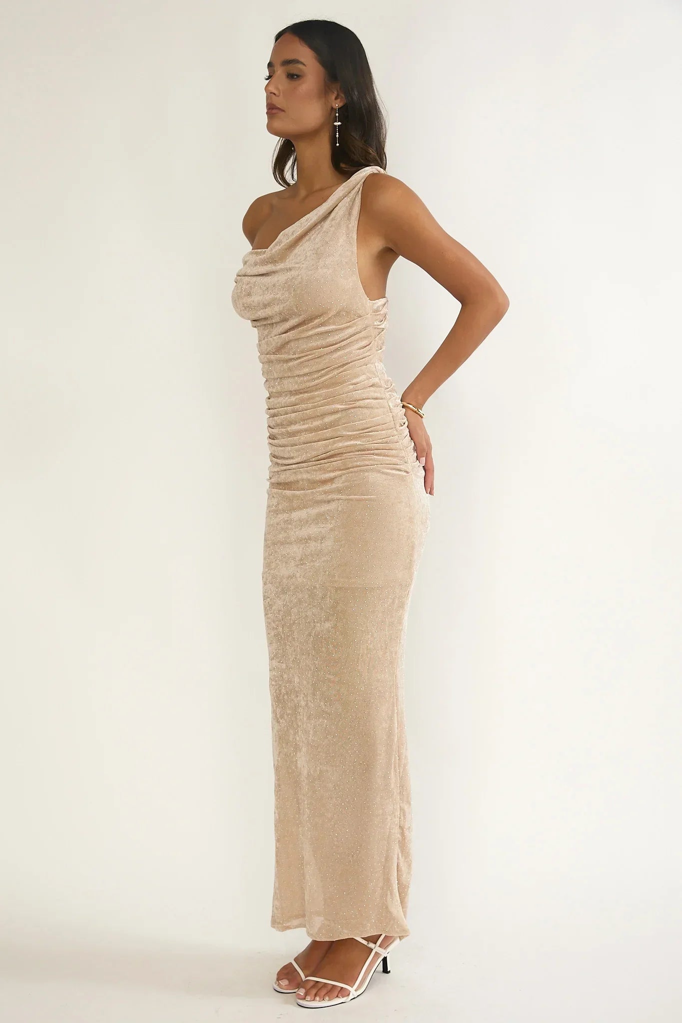 Callen Cowl Ruched Maxi Dress Champagne Silver