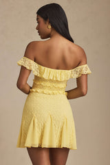 Nahida-Off-Shoulder Lace A-Line Mini Dress in Pastel Yellow