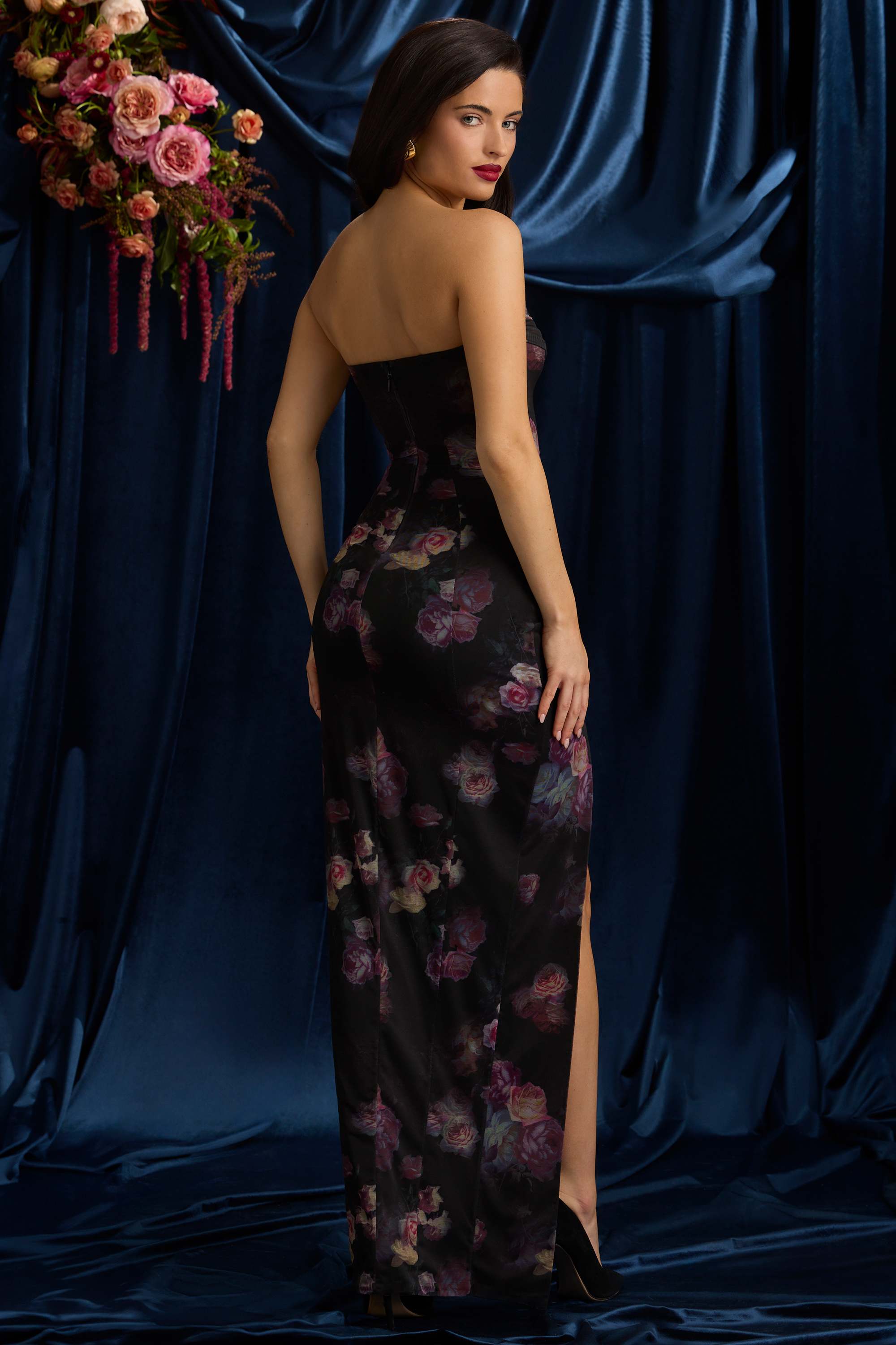 La Rochette-Bandeau Cowl-Neck Maxi Dress in Black Floral Print