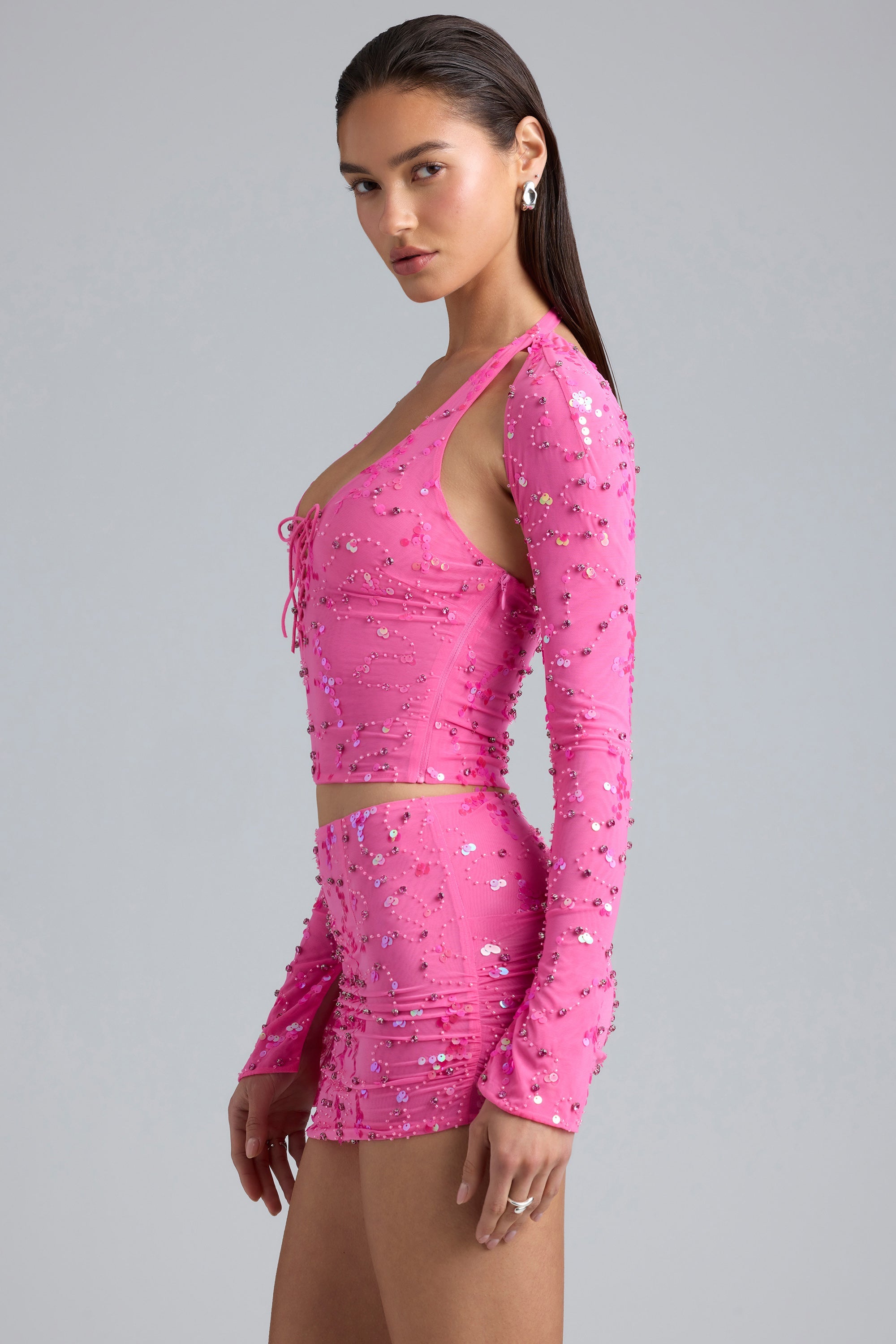 Willow-Ruched Mid-Rise Micro Mini Skirt in Bubblegum Pink