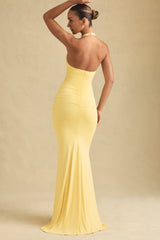 Laverna-Ruched Backless Halterneck Gown in Pastel Yellow