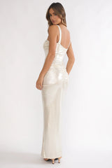 Delaina Ruched Waist Gold Accent Maxi Dress Pearl