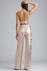 Riley-Metallic Denim Cargo Trousers in Champagne