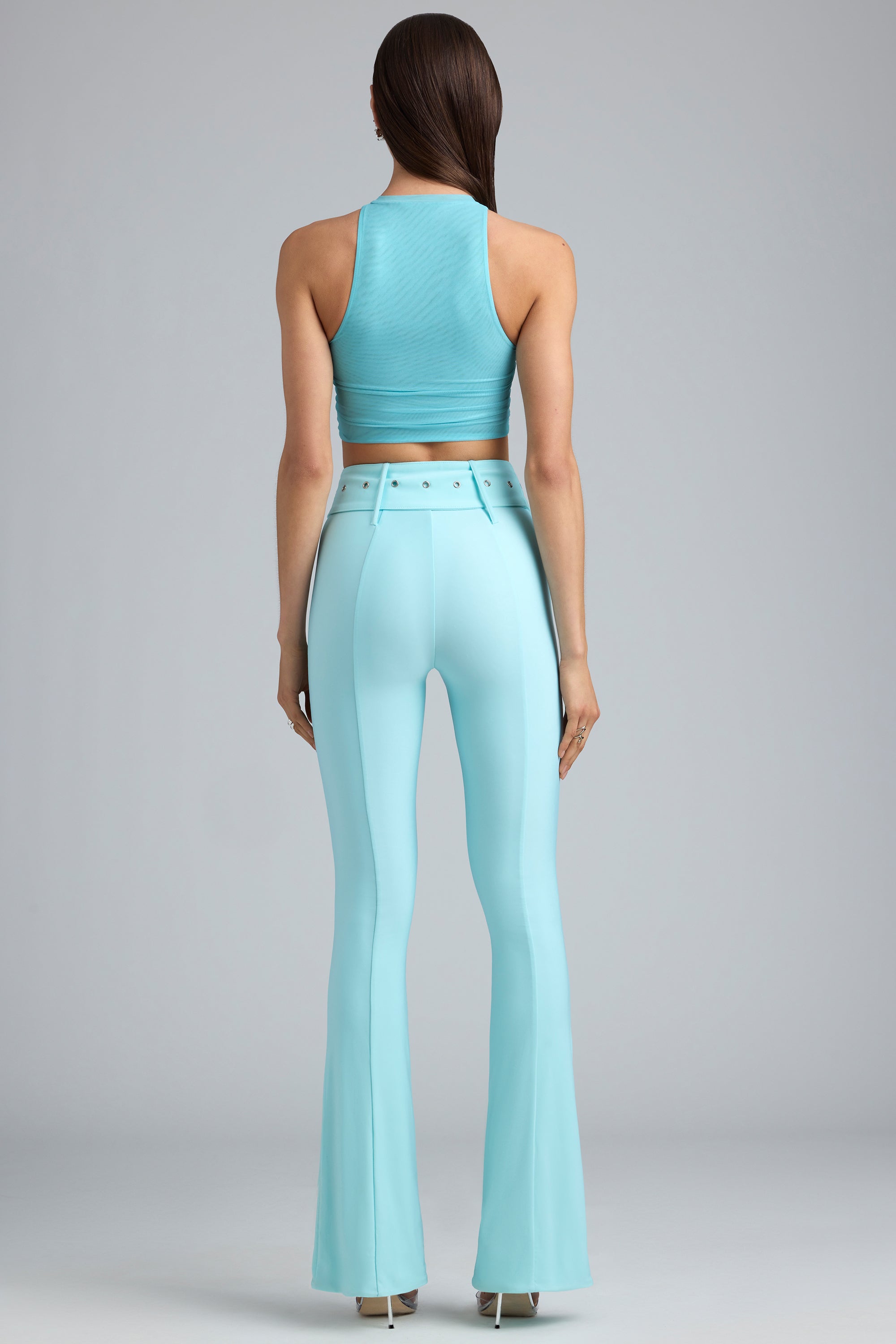 Gia-Tall Metallic Belted Mid-Rise Flared Trousers in Ice Blue