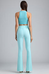 Gia-Tall Metallic Belted Mid-Rise Flared Trousers in Ice Blue