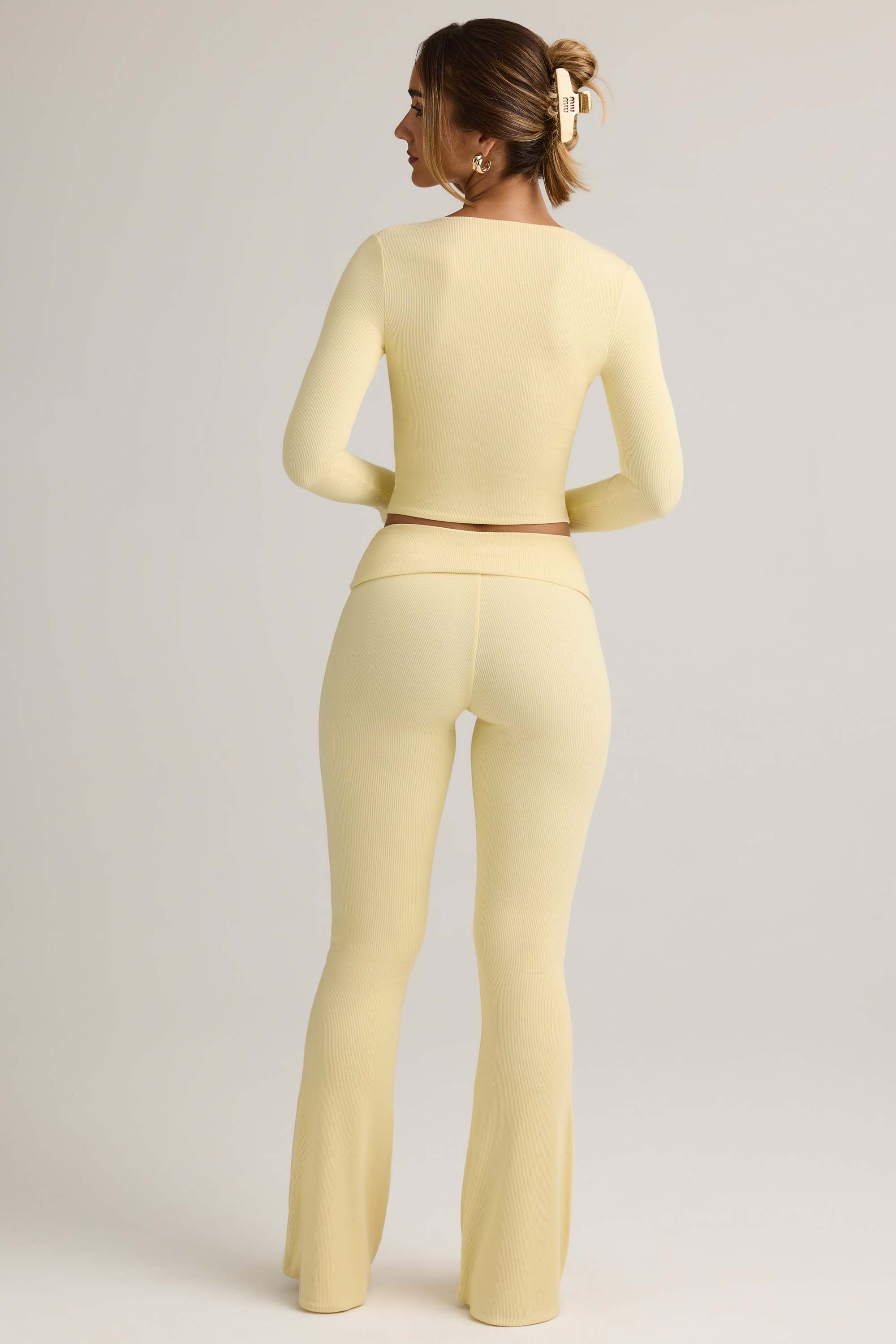 Jules-Modal Ribbed Foldover Flared Trousers in Buttercream Yellow