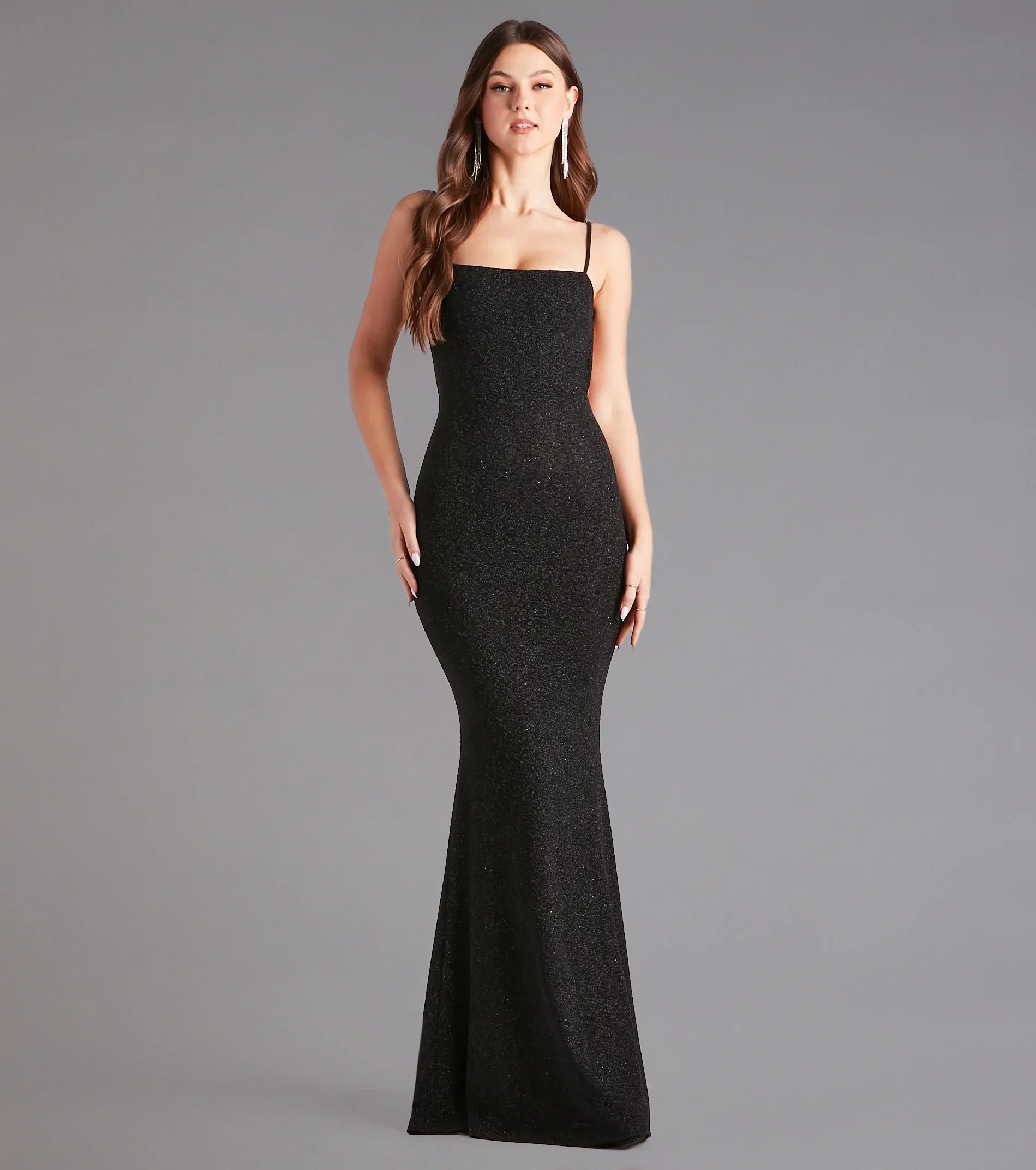 Gwendolyn Glitter Knit Bow-Back Mermaid Dress- BLACK