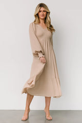 Lainey Smocked Dotted Midi Dress | Beige