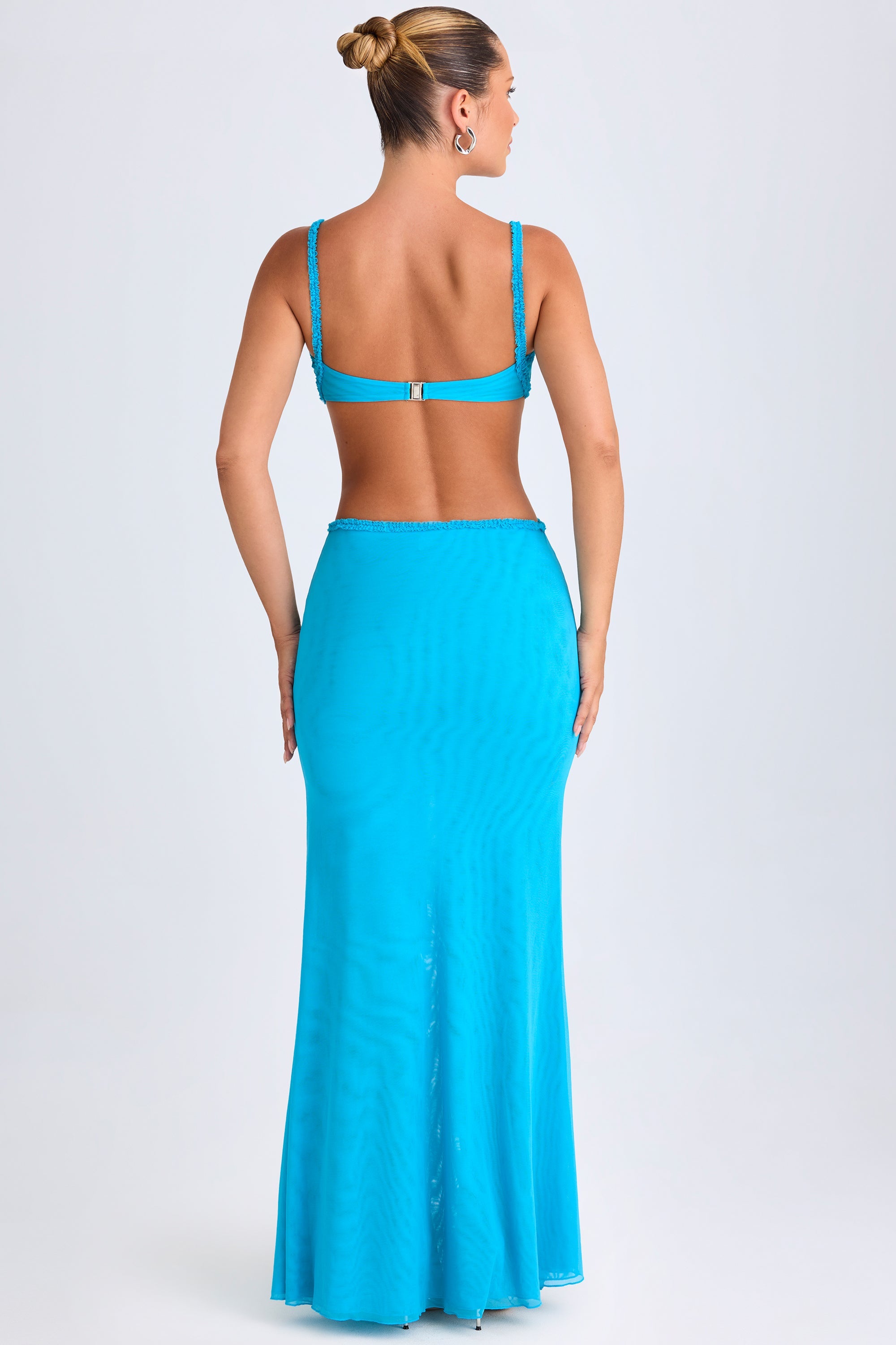 Shakila-Ruffle-Appliqué Cut-Out Maxi Dress in Aqua Blue